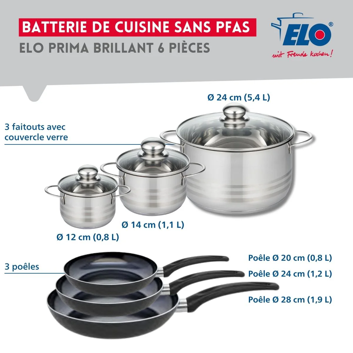 Ensemble de 3 Poêles de cuisson 20, 24 et 28 cm et 3 faitouts 12, 14 et 24 cm Elo Prima Brillant - Image 2