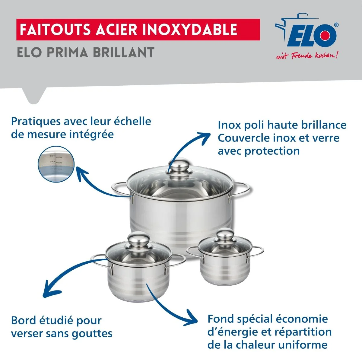 Ensemble de 3 Poêles de cuisson 20, 24 et 28 cm et 3 faitouts 12, 14 et 24 cm Elo Prima Brillant - Image 3