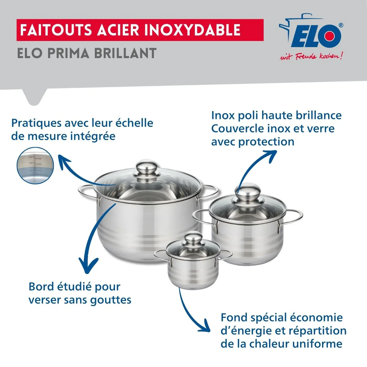Ensemble de 3 Poêles de cuisson 20, 24 et 28 cm et 3 faitouts 12, 16 et 24 cm Elo Prima Brillant - Image 3