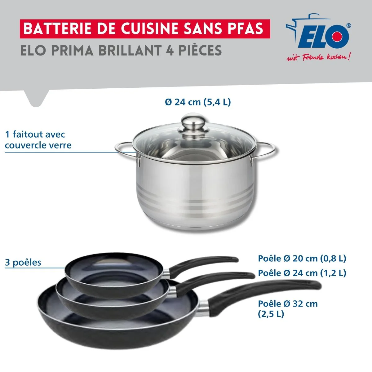 Ensemble de 3 Poêles de cuisson 20, 24 et 32 cm et 1 faitout 24 cm Elo Prima Brillant - Image 2