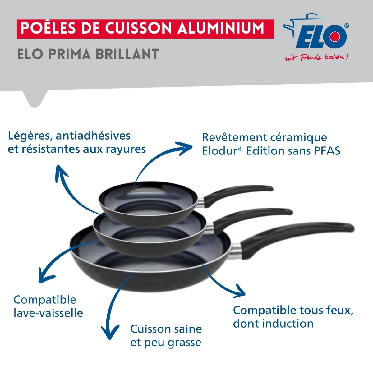Ensemble de 3 Poêles de cuisson 20, 24 et 32 cm et 1 faitout 24 cm Elo Prima Brillant - Image 4