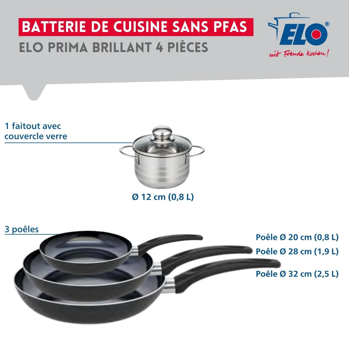 Ensemble de 3 Poêles de cuisson 20, 28 et 32 cm et 1 faitout 12 cm Elo Prima Brillant - Image 2