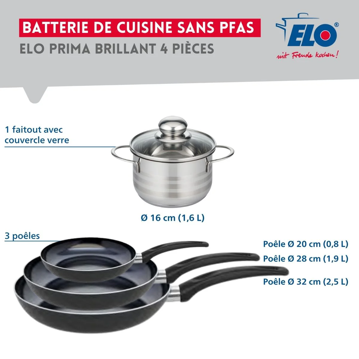 Ensemble de 3 Poêles de cuisson 20, 28 et 32 cm et 1 faitout 16 cm Elo Prima Brillant - Image 2