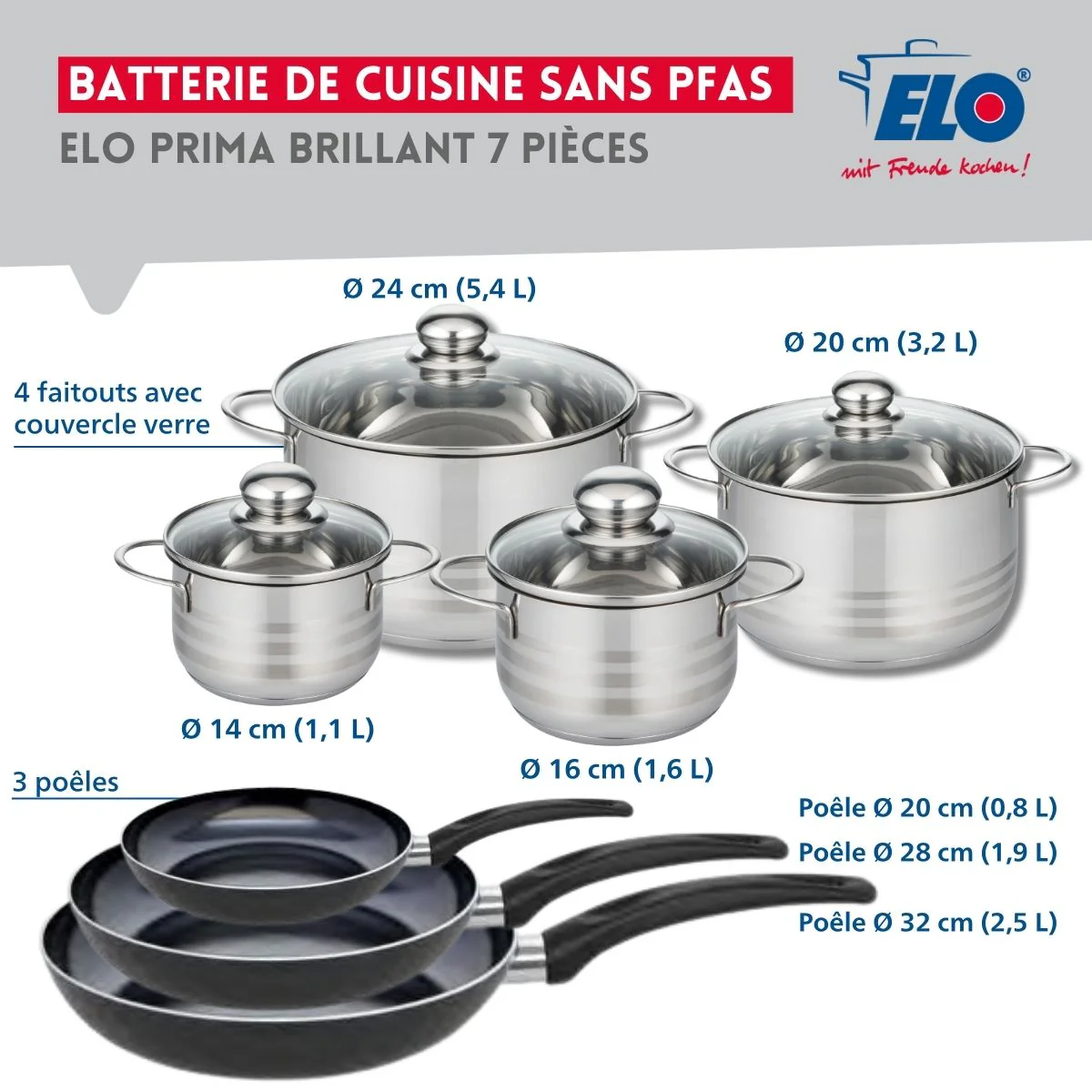 Ensemble de 3 Poêles de cuisson 20, 28 et 32 cm et 4 faitouts 14, 16, 20 et 24 cm Elo Prima Brillant - Image 2