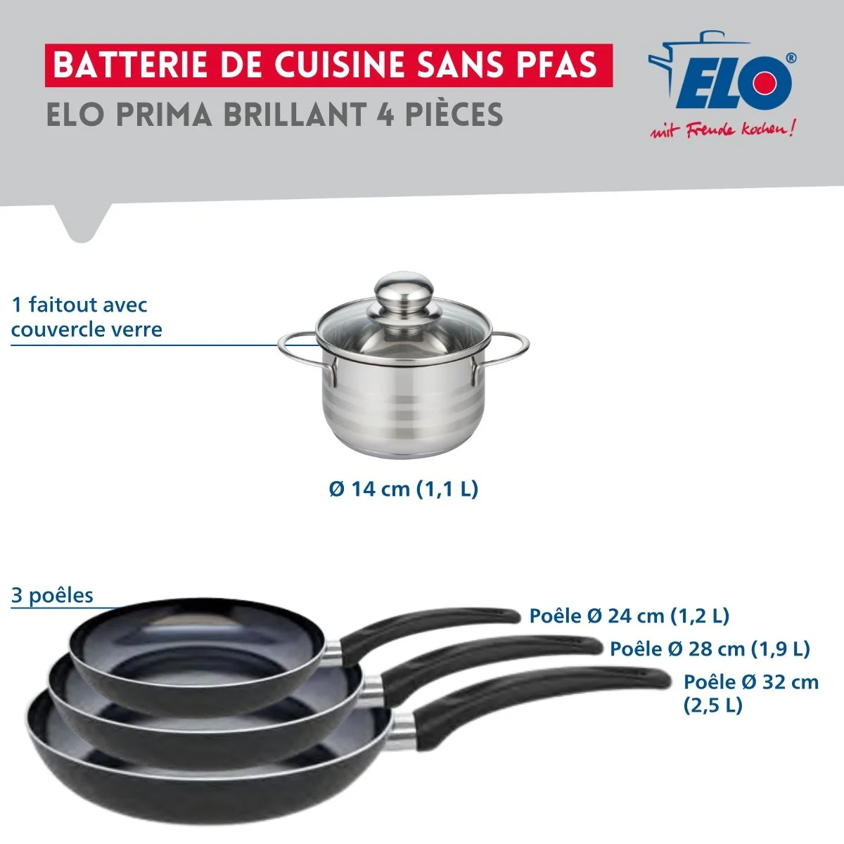 Ensemble de 3 Poêles de cuisson 24, 28 et 32 cm et 1 faitout 14 cm Elo Prima Brillant - Image 2