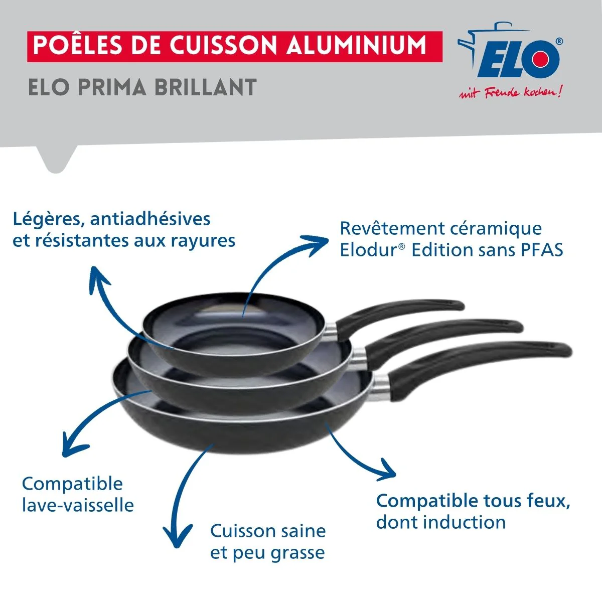 Ensemble de 3 Poêles de cuisson 24, 28 et 32 cm et 1 faitout 14 cm Elo Prima Brillant - Image 4