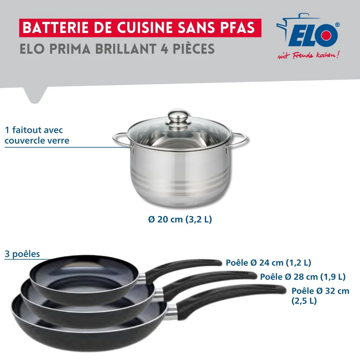 Ensemble de 3 Poêles de cuisson 24, 28 et 32 cm et 1 faitout 20 cm Elo Prima Brillant - Image 2