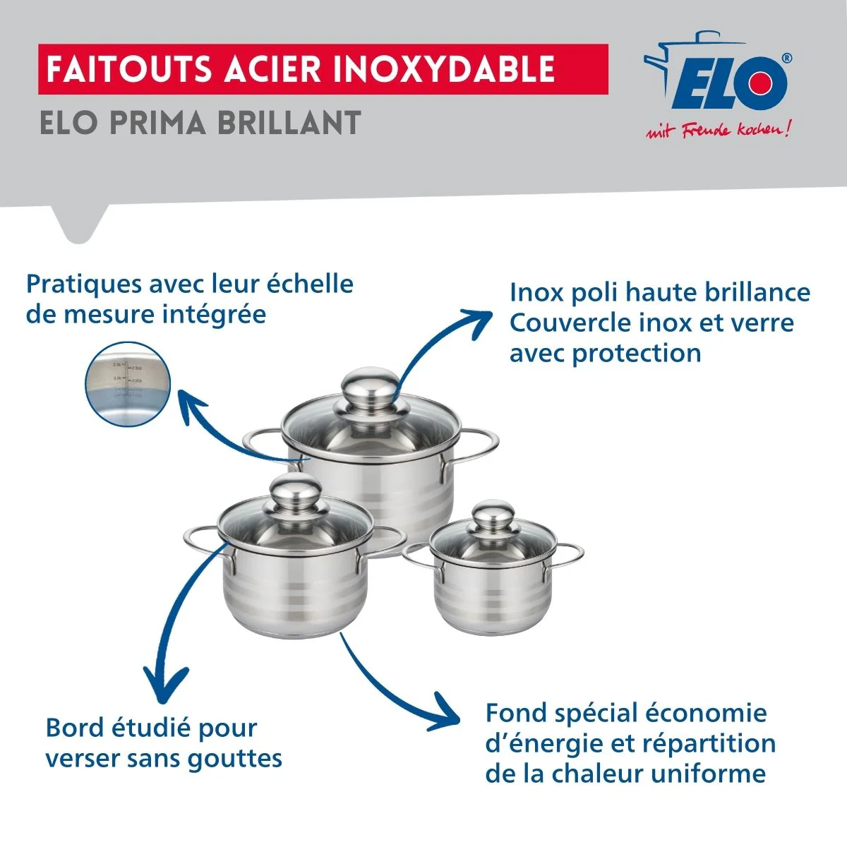 Ensemble de 3 Poêles de cuisson 24, 28 et 32 cm et 3 faitouts 12, 14 et 16 cm Elo Prima Brillant - Image 3