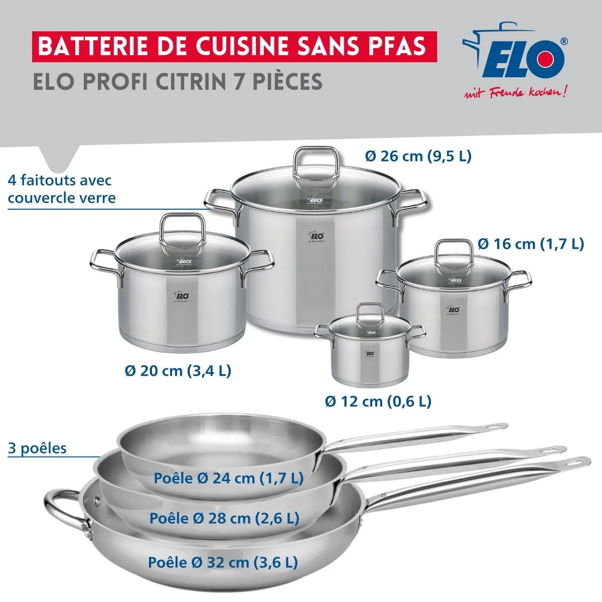 Ensemble de 3 Poêles de cuisson 24, 28 et 32 cm et 4 faitouts 12, 16, 20 et 26 cm Elo Profi Citrin - Image 2