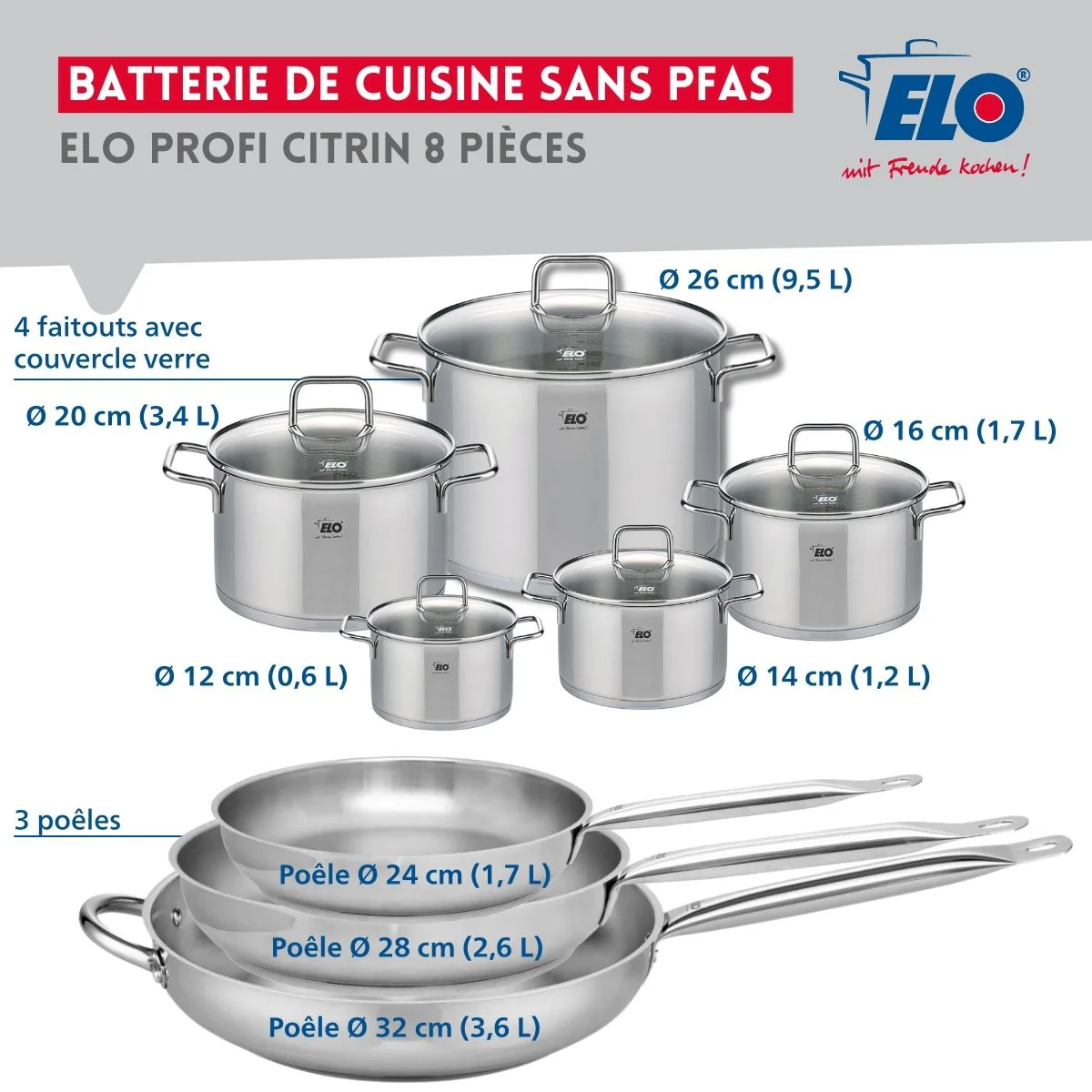Ensemble de 3 Poêles de cuisson 24, 28 et 32 cm et 5 faitouts 12, 14, 16, 20 et 26 cm Elo Profi Citrin - Image 2