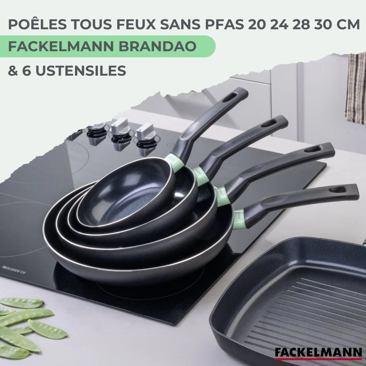 Ensemble de 4 poêles de 20 24 28 et 30 cm et 6 ustensiles Fackelmann Brandao - Image 2