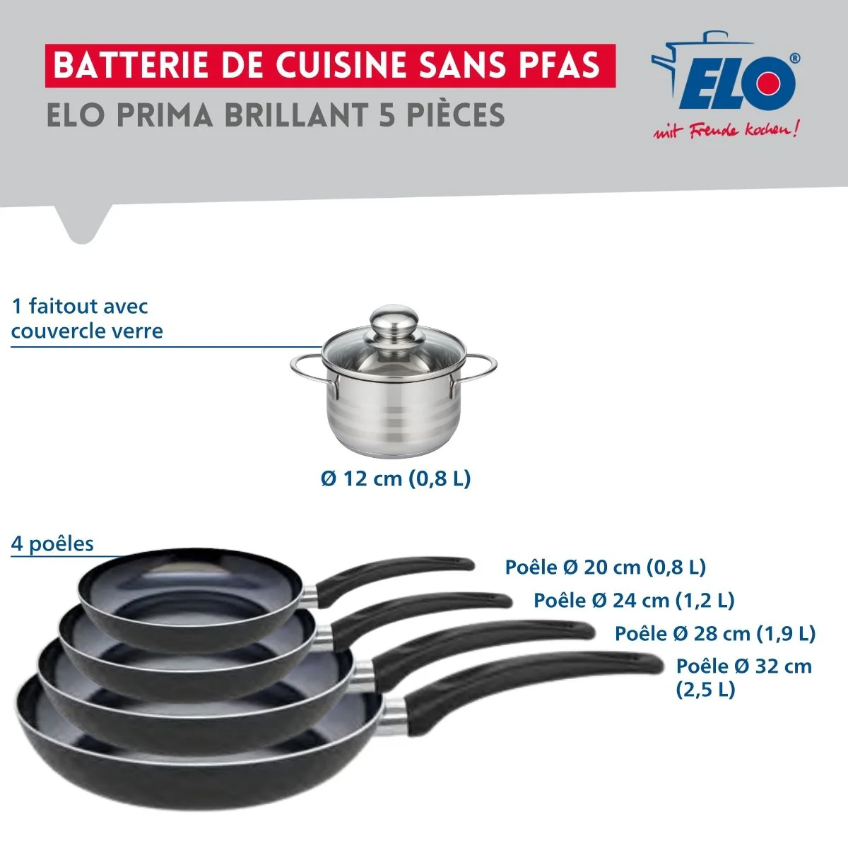 Ensemble de 4 Poêles de cuisson 20, 24, 28 et 32 cm et 1 faitout 12 cm Elo Prima Brillant - Image 2