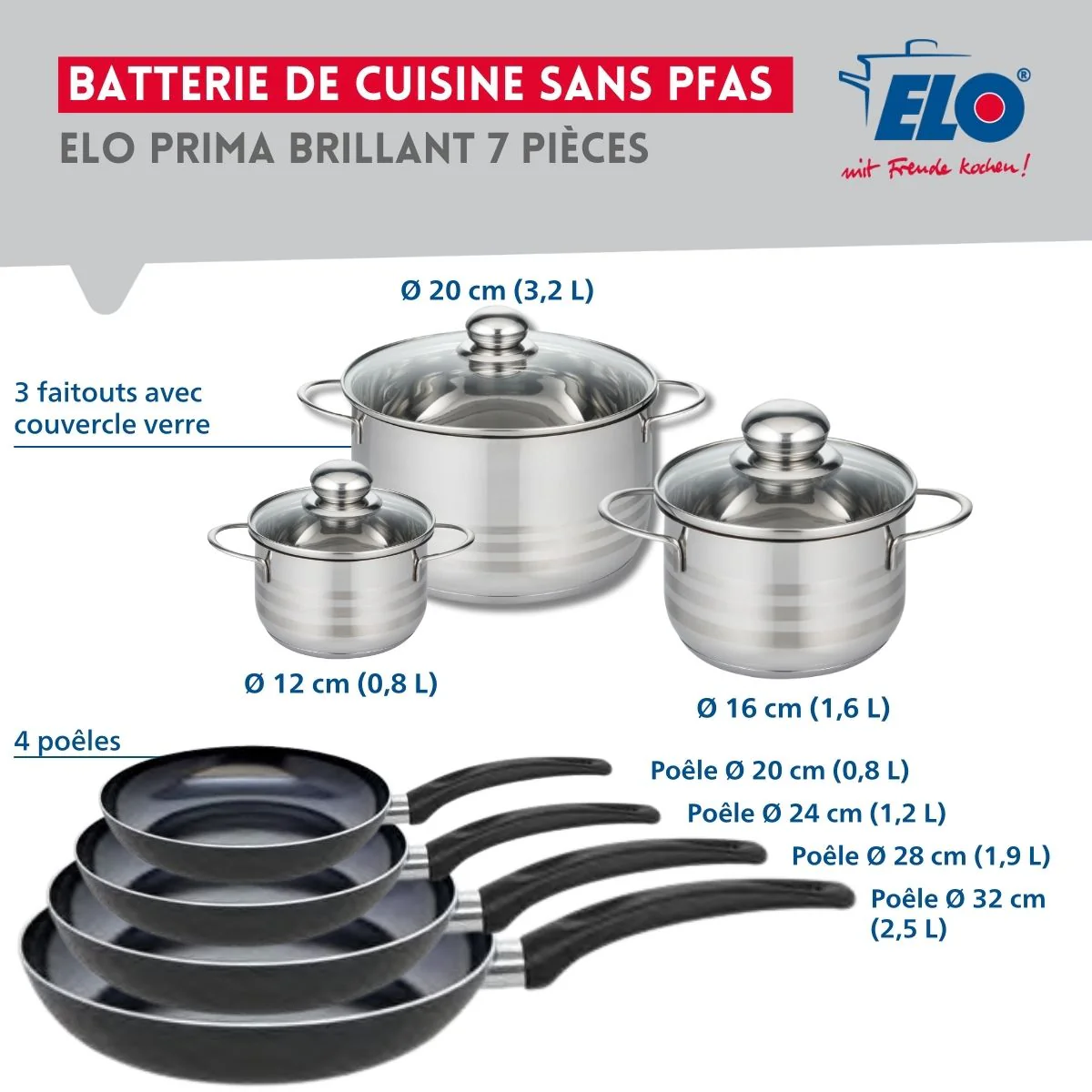 Ensemble de 4 Poêles de cuisson 20, 24, 28 et 32 cm et 3 faitouts 12, 16 et 20 cm Elo Prima Brillant - Image 2