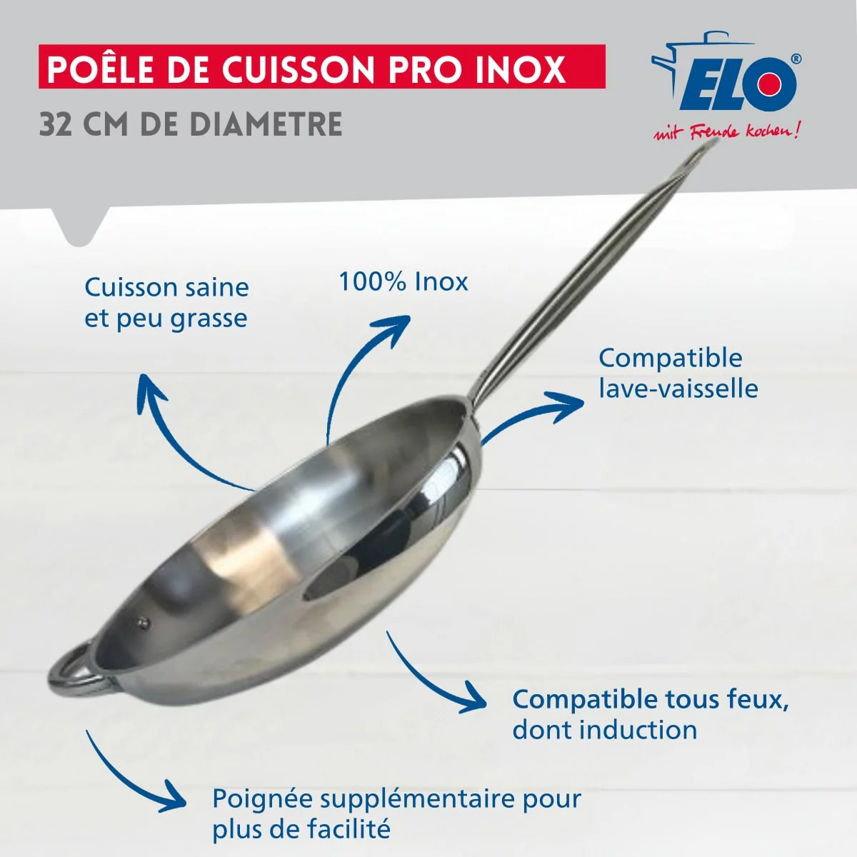 Poêle à frire 32 cm en inox 18/10 et couvercle en verre Elo Profi Therm - Image 2