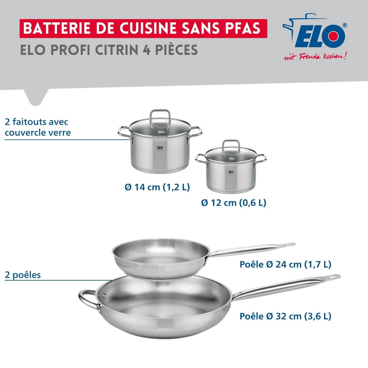 Ensemble de 2 Poêles de cuisson 24 et 32 cm et 2 faitouts 12 et 14 cm Elo Profi Citrin - Image 2