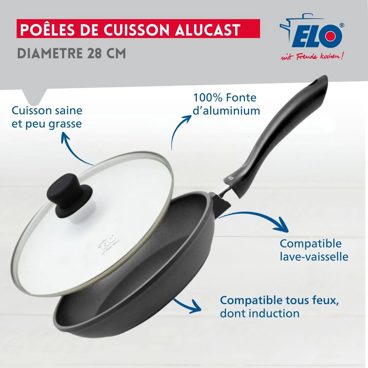 Poêle à frire 28 cm et couvercle en verre sans PFAS Elo Alucast - Image 3
