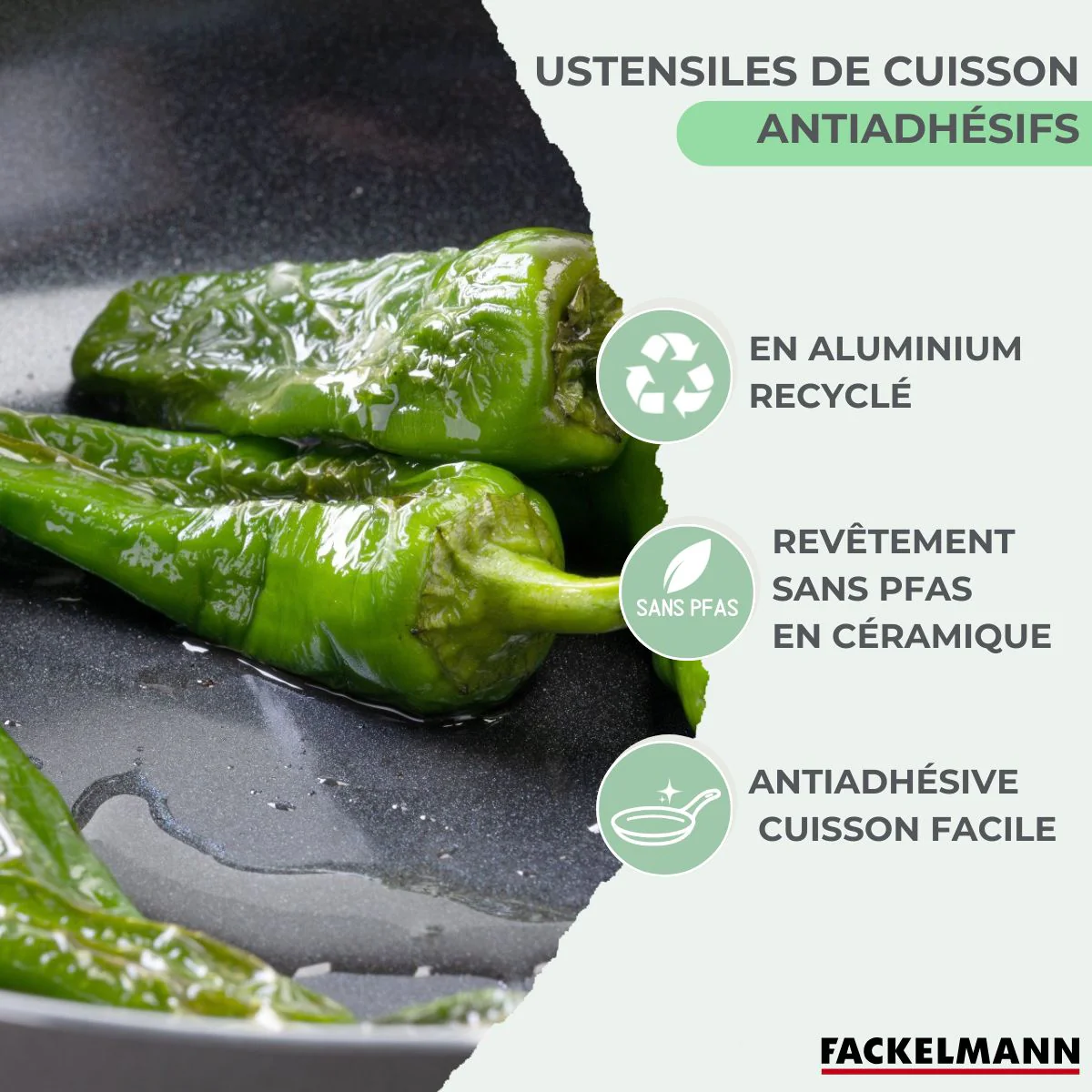 Batterie de cuisine avec 2 poêles 16/20 cm et 3 casseroles 16/18/20 cm avec 5 ustensiles de cuisine sans PFAS Fackelmann Brandao Océan - Image 4