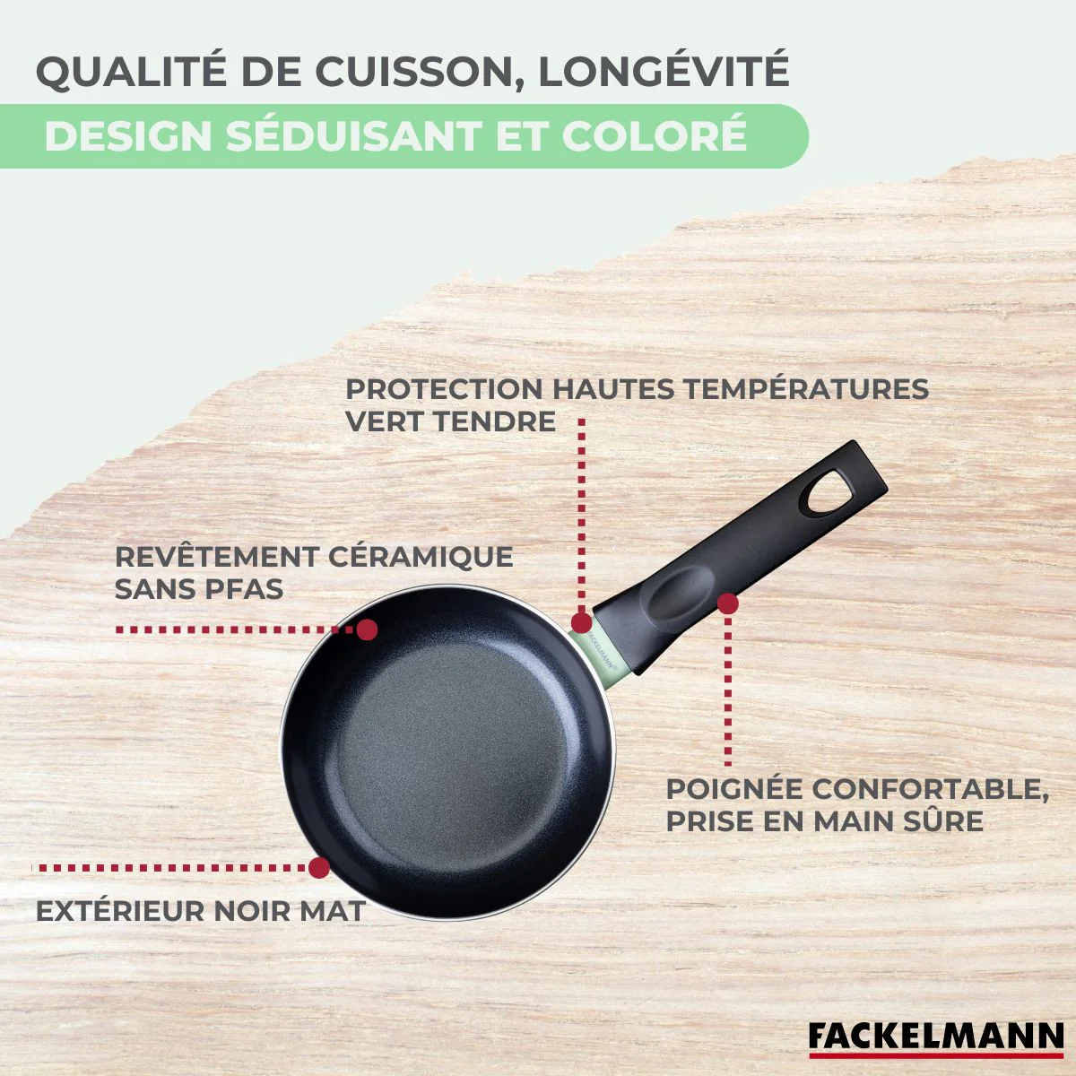 Batterie de cuisine avec 2 poêles 16/20 cm et 3 casseroles 16/18/20 cm avec 5 ustensiles de cuisine sans PFAS Fackelmann Brandao Océan - Image 6