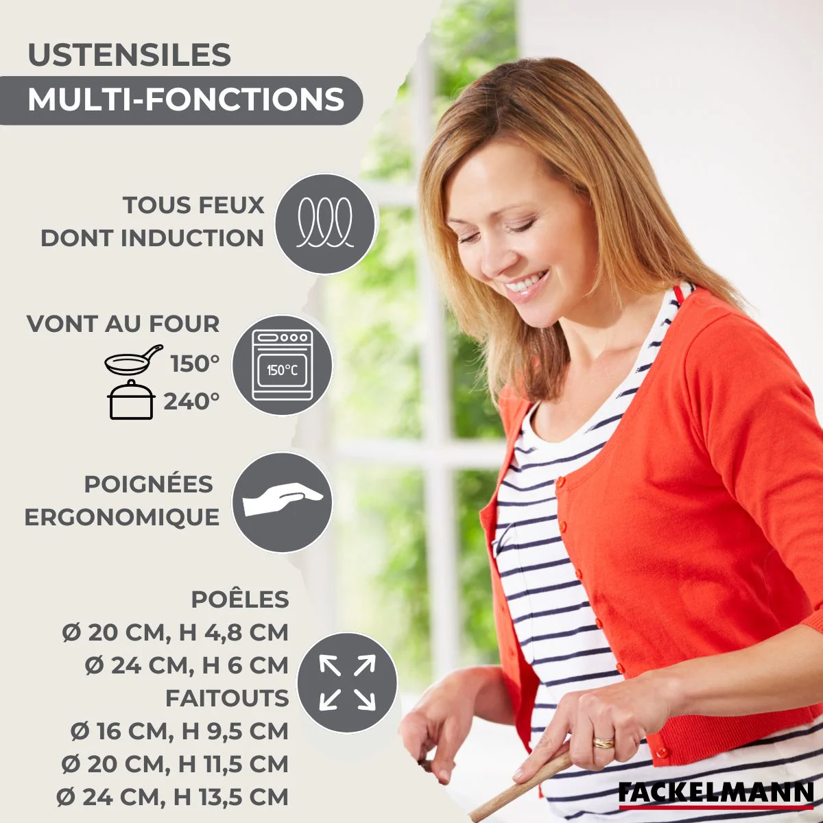 Batterie de cuisine avec 3 faitouts 16/20/24 cm et 2 poêles 20/24 cm avec 5 ustensiles de cuisine Fackelmann Généva Brillant Ocean - Image 5