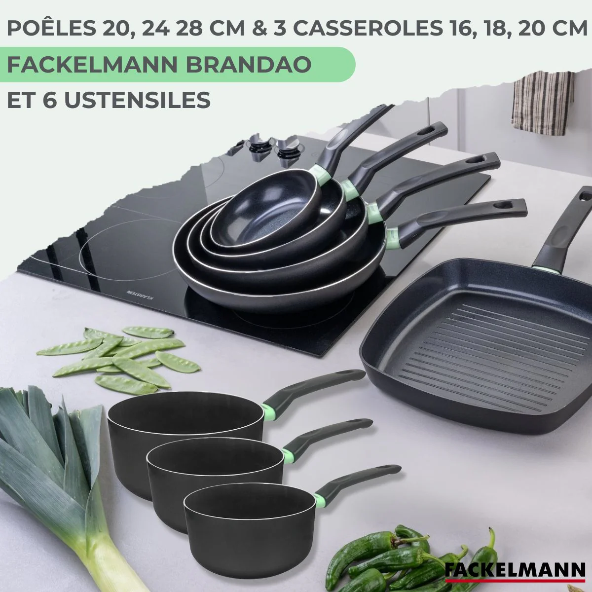 Batterie de cuisine avec 3 poêles 20/24/28 cm et 3 casseroles 16/18/20 cm avec 5 ustensiles de cuisine Fackelmann Brandao Océan - Image 2