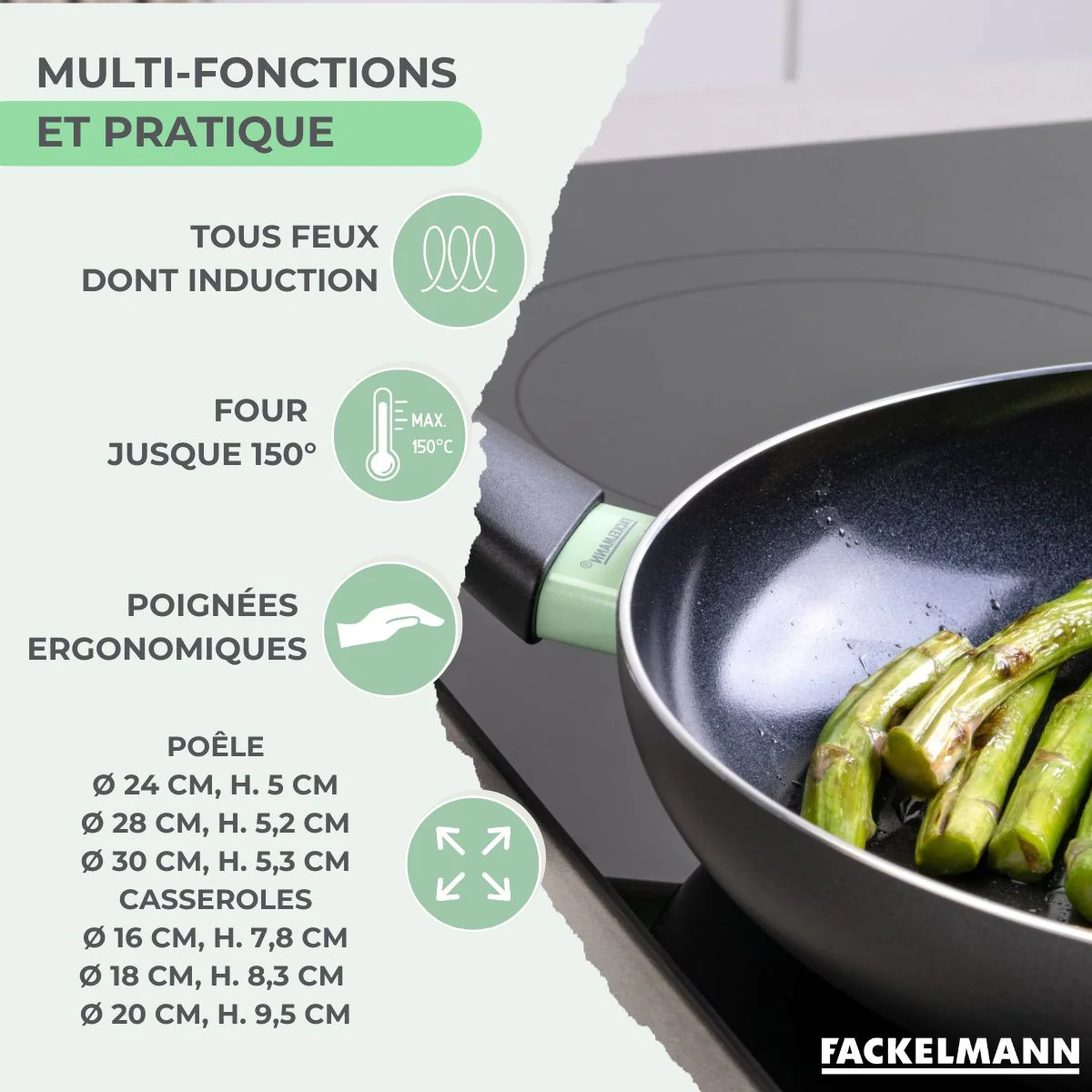 Batterie de cuisine avec 3 poêles 24/28/30 cm et 3 casseroles 16/18/20 cm et 5 ustensiles de cuisine Fackelmann Brandao Océan - Image 3