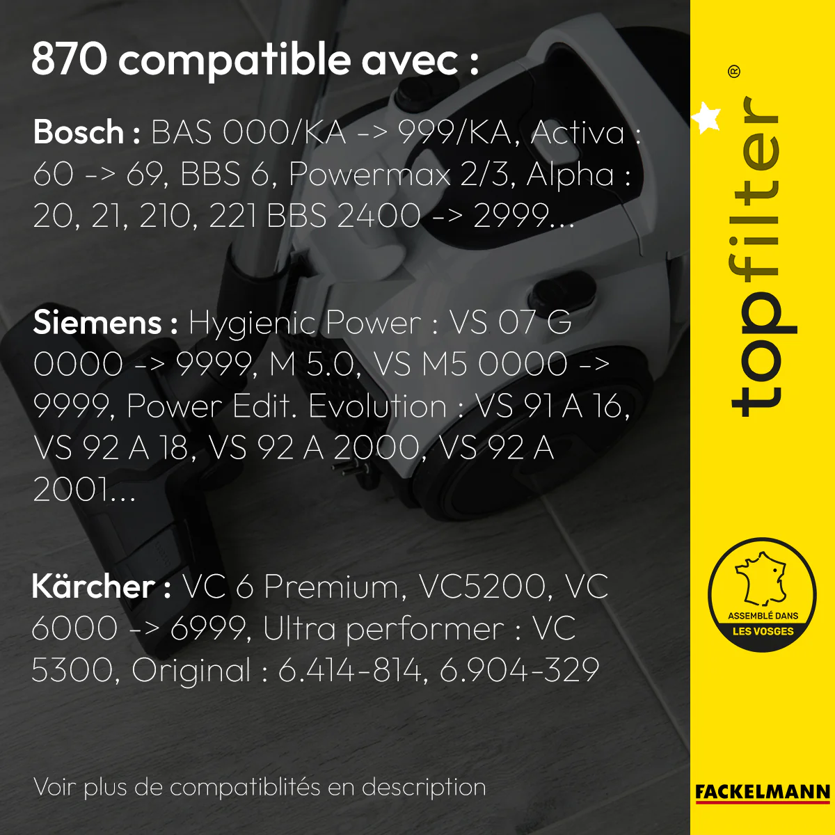 Lot de 4 packs de 4 sacs aspirateur 64870 pour Bosch et Siemens TopFilter Premium - Image 2