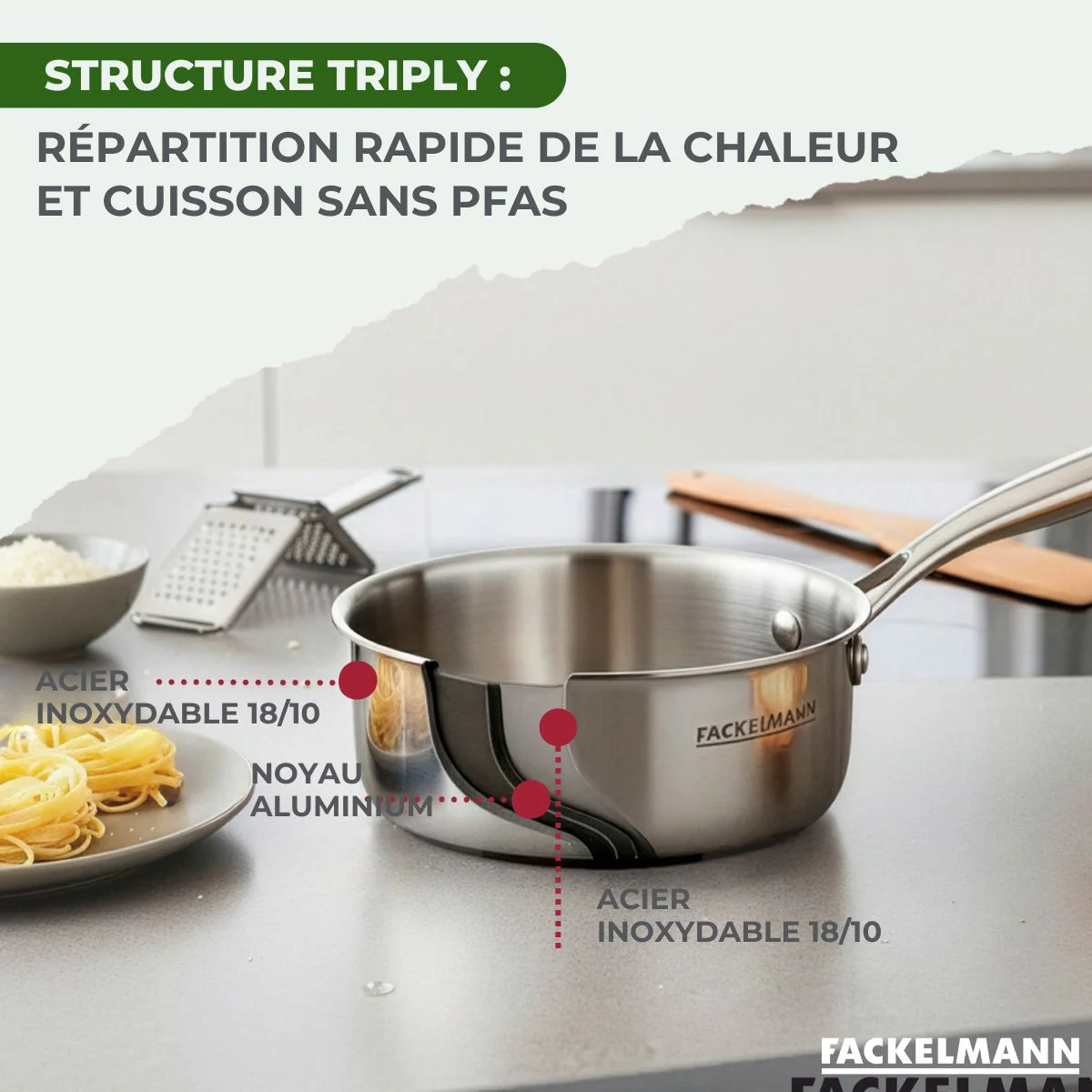 Batterie de cuisine avec 2 casseroles 16 et 18 cm en inox sans PFAS Fackelmann Vita3 - Image 5