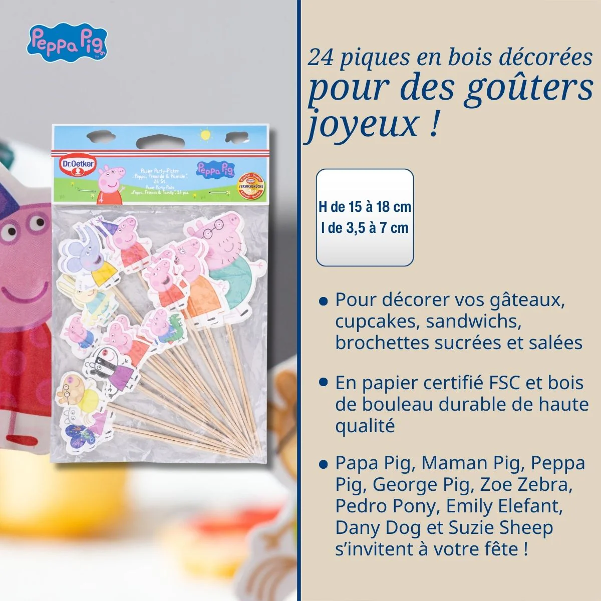 Lot de 24 piques en bois décorés pour fêtes et anniversaires Dr. Oetker Peppa Pig - Image 3