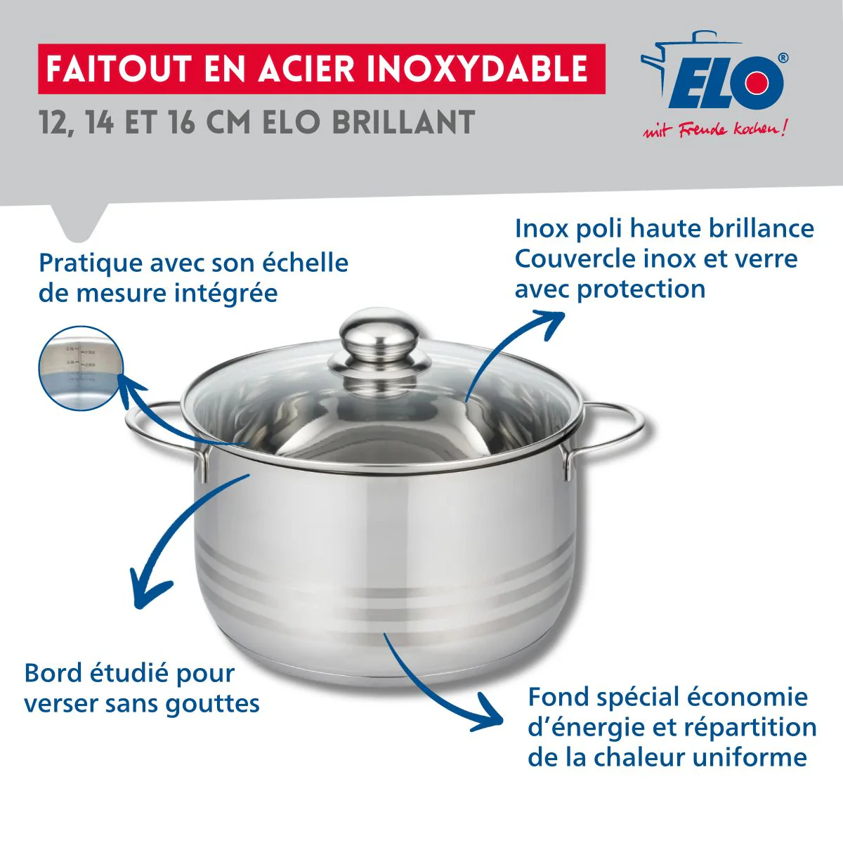 Lot de 3 faitouts 12, 14 et 16 cm en acier inoxydable sans PFAS Elo Brillant - Image 3