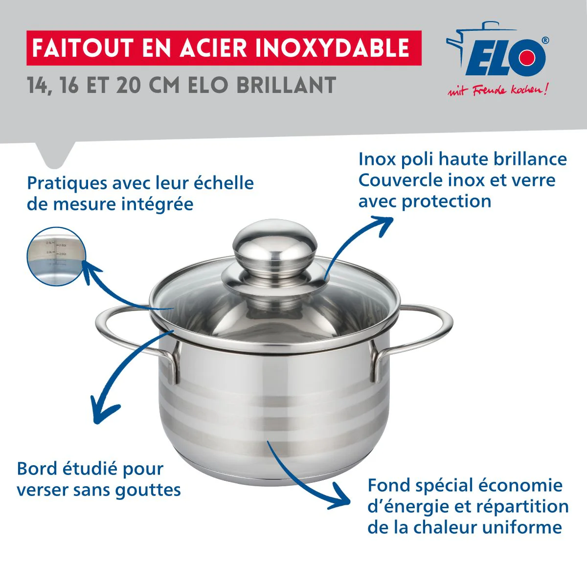 Lot de 3 faitouts 14, 16 et 20 cm en acier inoxydable sans PFAS Elo Brillant - Image 3