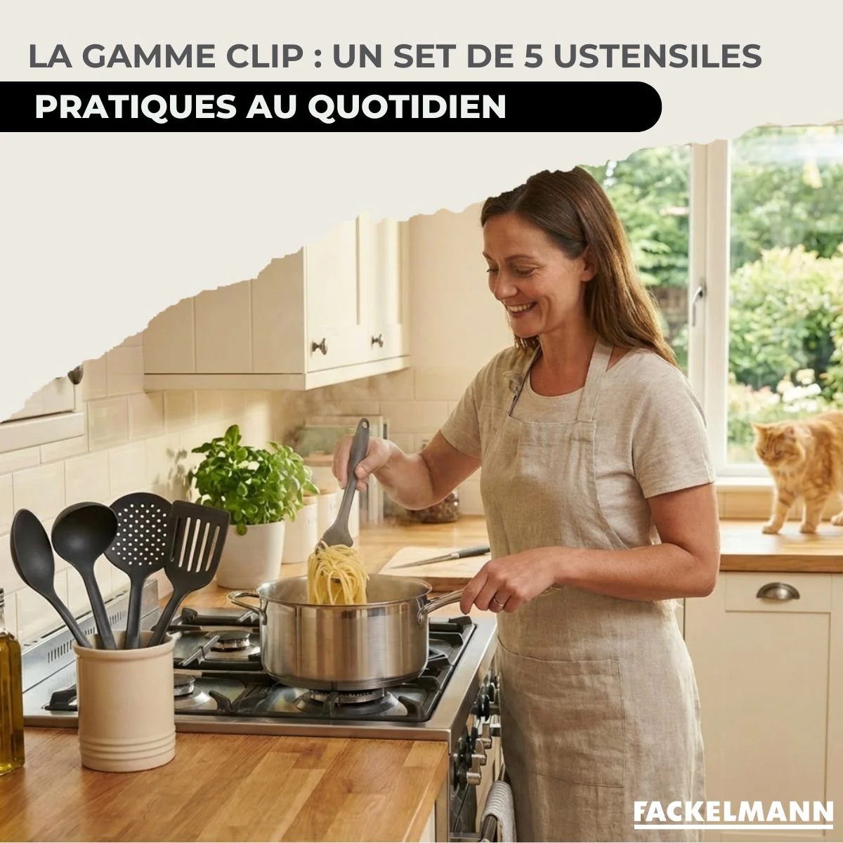 Batterie de cuisine avec 3 faitouts 16/20/24 cm et 1 poêle 28 cm avec 6 ustensiles de cuisine Fackelmann Etherna Brillant Clip avec couvercles - Image 9