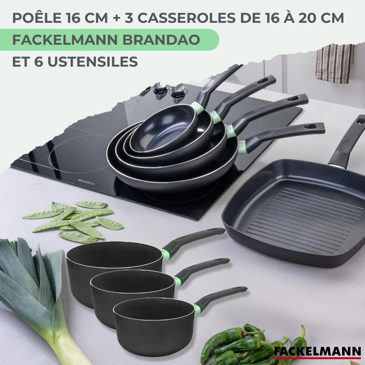 Batterie de cuisine avec 1 poêle 16 cm et 3 casseroles 16/18/20 cm avec 5 ustensiles de cuisine Fackelmann Brandao Océan - Image 2