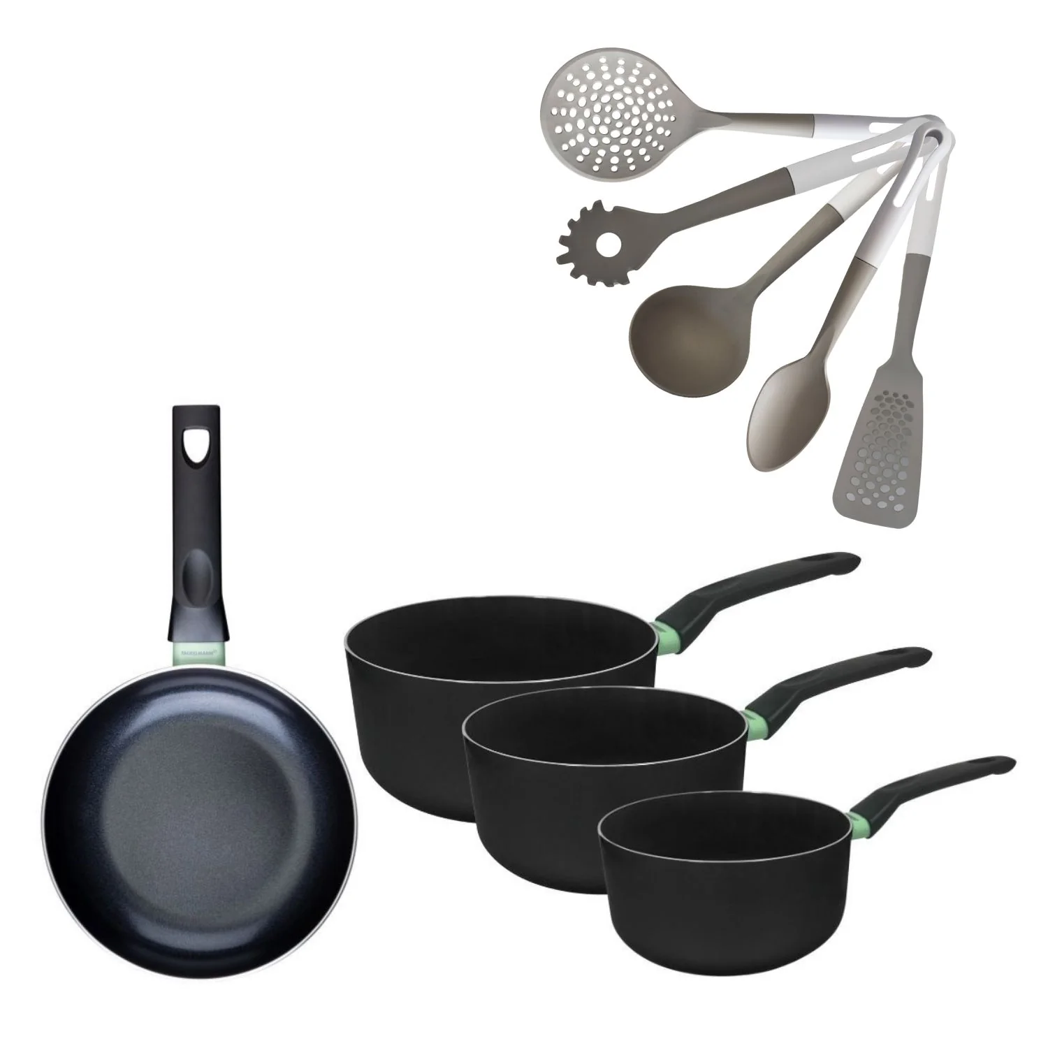 Batterie de cuisine avec 1 poêle 20 cm et 3 casseroles 16/18/20 cm sans PFAS et 5 ustensiles de cuisine Fackelmann Brandao Vario