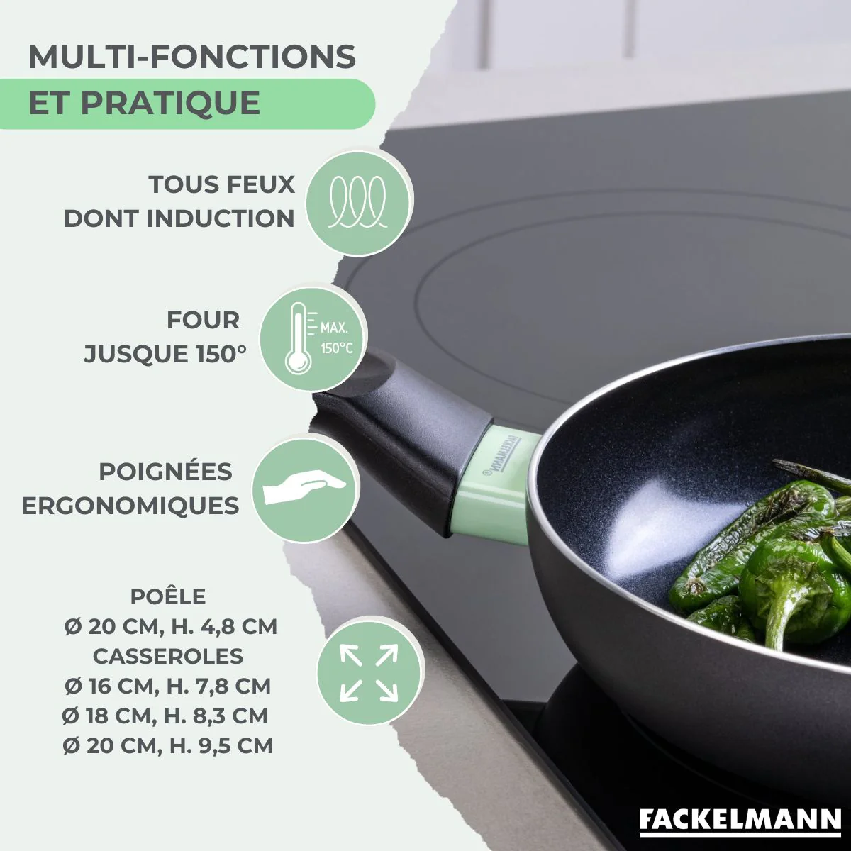 Batterie de cuisine avec 1 poêle 20 cm et 3 casseroles 16/18/20 cm sans PFAS et 5 ustensiles de cuisine Fackelmann Brandao Vario - Image 3