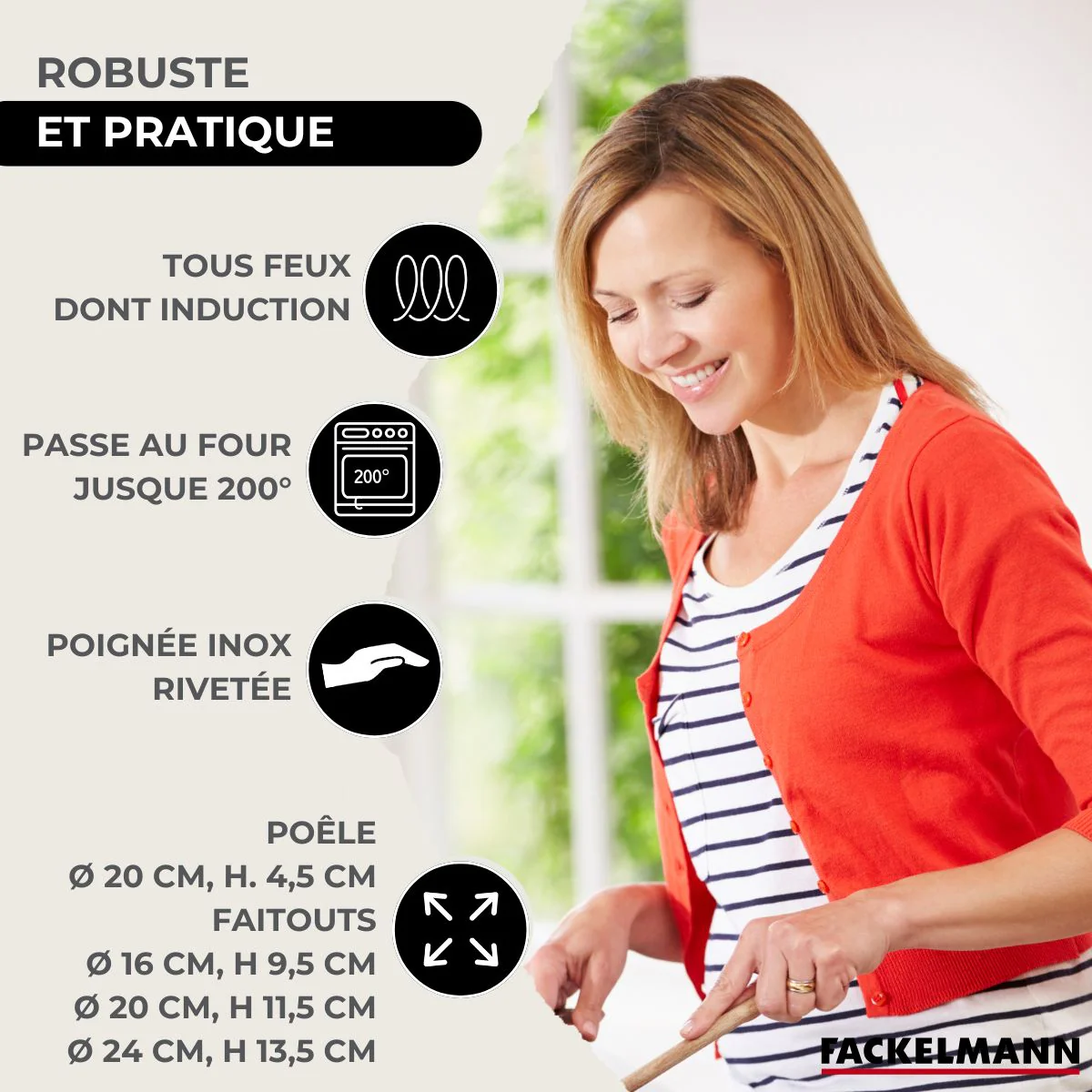 Batterie de cuisine avec 3 faitouts 16/20/24 cm et 1 poêle 20 cm avec 6 ustensiles de cuisine Fackelmann Etherna Brillant Vario avec couvercles - Image 3