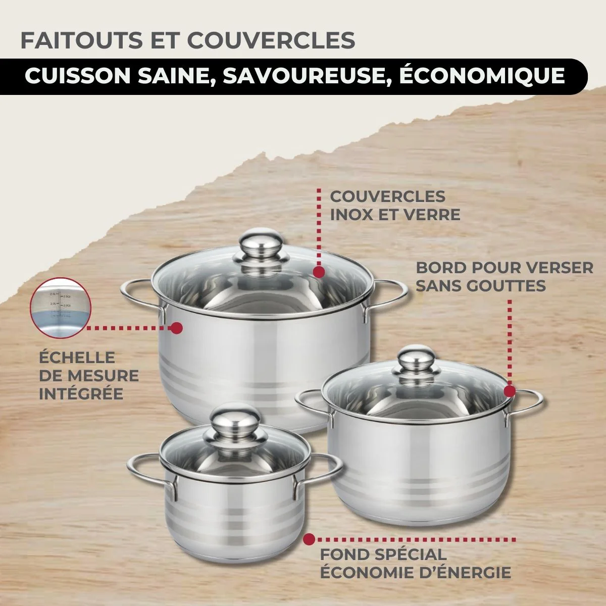 Batterie de cuisine avec 3 faitouts 16/20/24 cm et 1 poêle 20 cm avec 6 ustensiles de cuisine Fackelmann Etherna Brillant Vario avec couvercles - Image 6