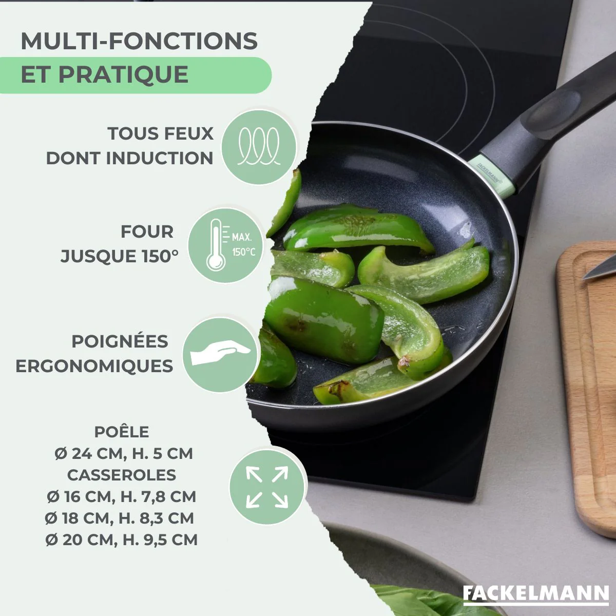 Batterie de cuisine avec 1 poêle 24 cm et 3 casseroles 16/18/20 cm et 5 ustensiles de cuisine Fackelmann Brandao Océan - Image 3