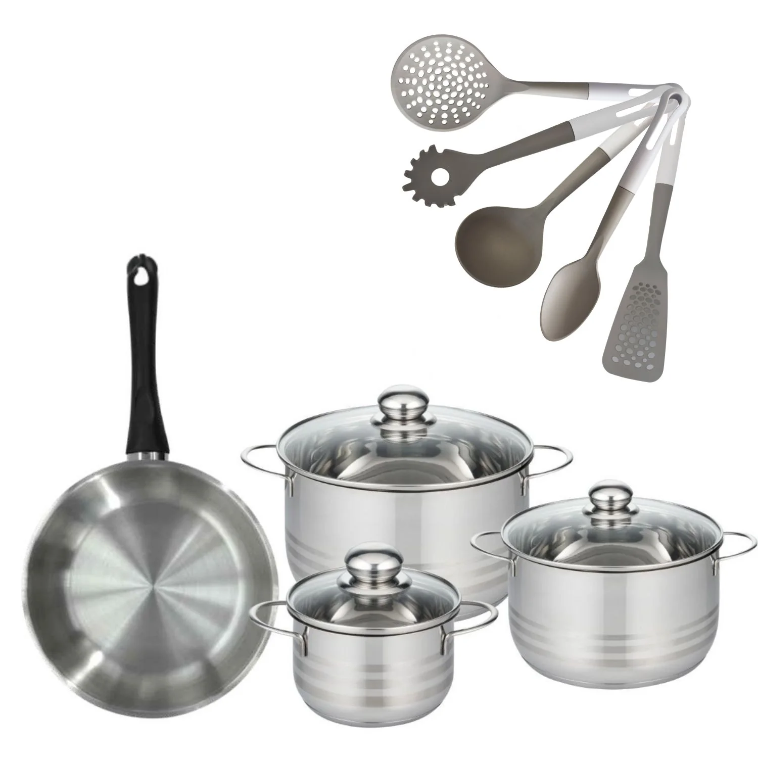 Batterie de cuisine avec 3 faitouts 16/20/24 cm et 1 poêle 24 cm avec 5 ustensiles de cuisine Fackelmann Généva Brillant Vario