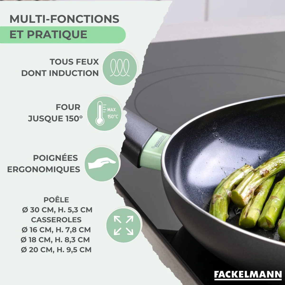 Batterie de cuisine avec 1 poêle 30 cm et 3 casseroles 16/18/20 cm et 5 ustensiles de cuisine Fackelmann Brandao Océan - Image 3
