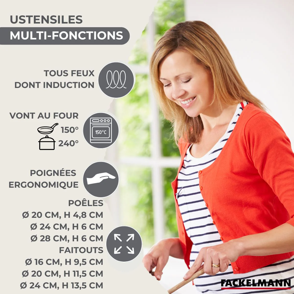 Batterie de cuisine Généva Brillant Vario avec 3 faitouts et 3 poêles avec couvercles et 8 ustensiles Fackelmann Généva Brillant Vario avec couvercles - Image 3
