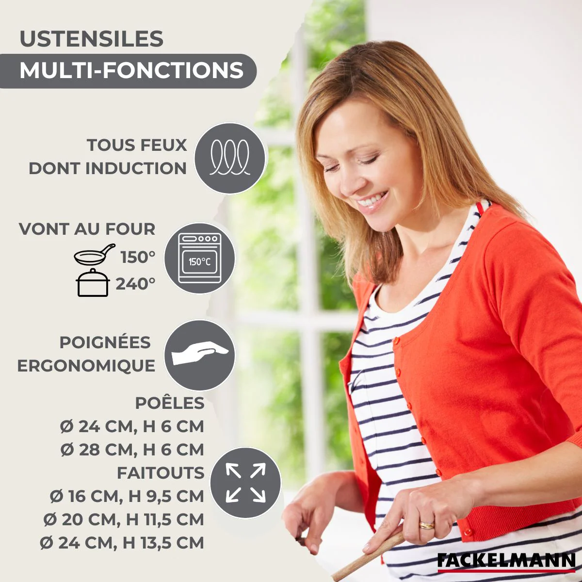 Batterie de cuisine Généva Brillant Ocean avec 3 faitouts et 2 poêles avec couvercles en acier inoxydable Fackelmann Généva Brillant Ocean avec couvercles - Image 3