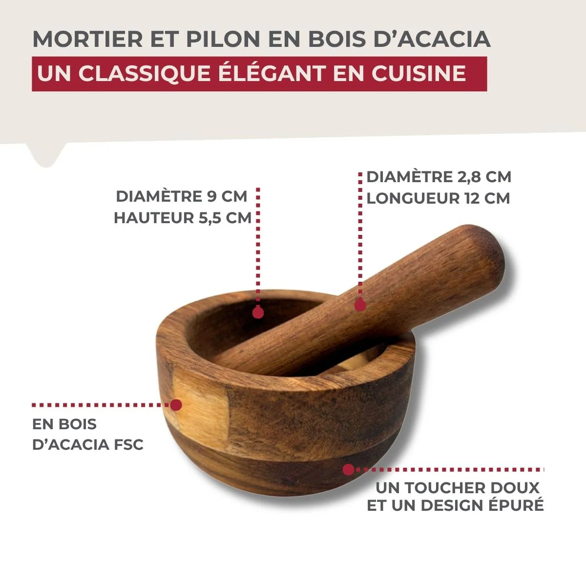 Mortier avec pilon 9 cm en Bois d'Acacia Fackelmann - Image 6