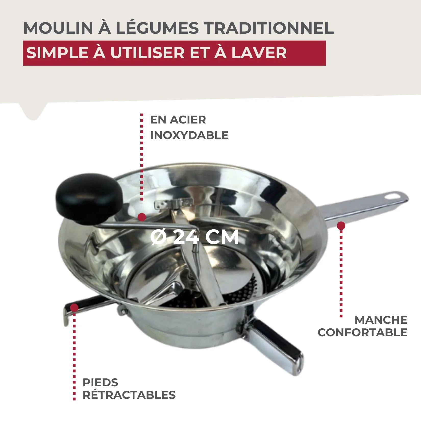 Moulin à légumes inox 24 cm Fackelmann Handmade Tradition - Image 3