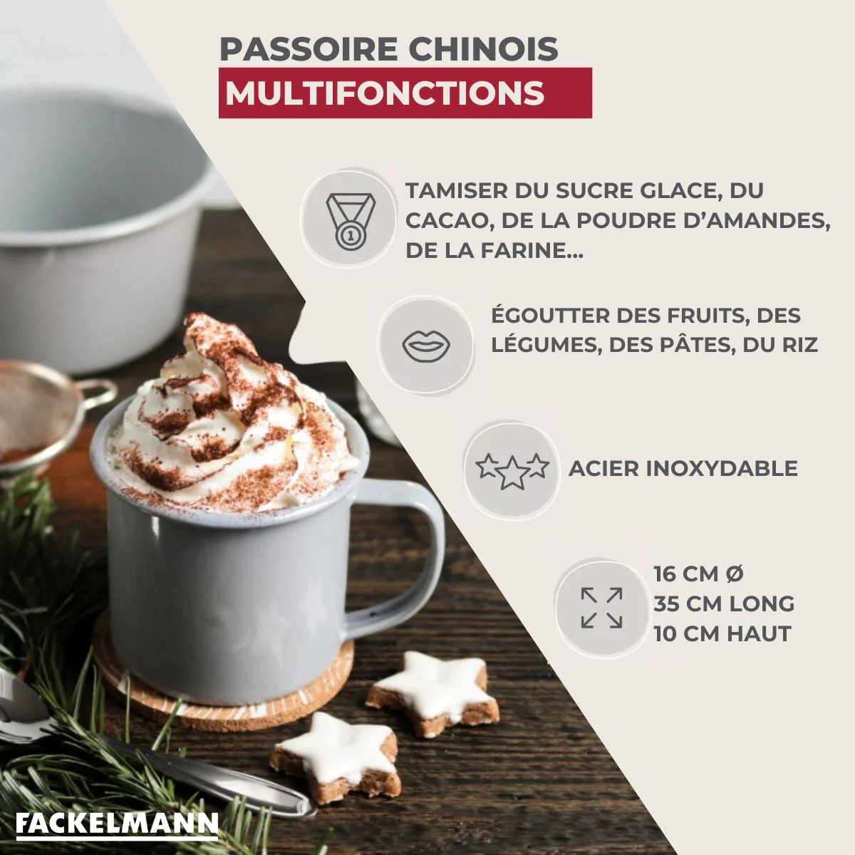 Passoire Chinois 16 cm de diamètre en inox Fackelmann - Image 3