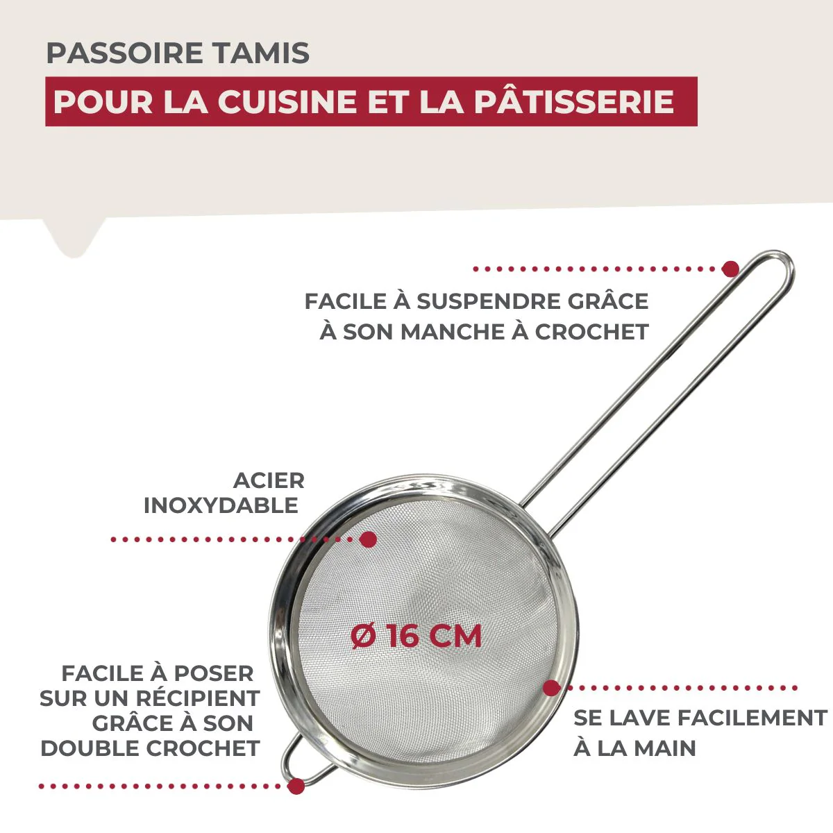 Passoire Chinois 16 cm de diamètre en inox Fackelmann - Image 6