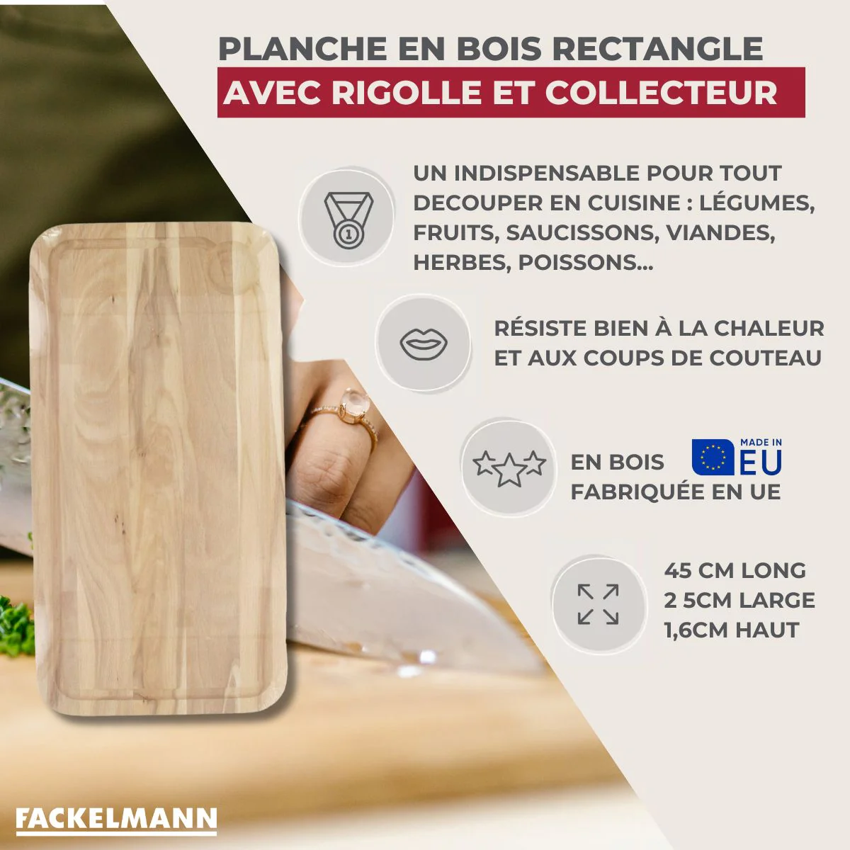 Planche à découper, hêtre avec rigolle et collecteur de sang 45 x 25 cm Fackelmann Wood Edition - Image 3