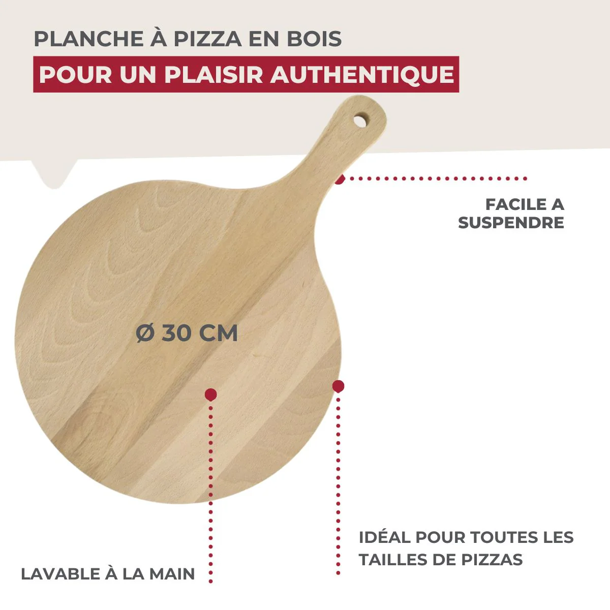 Planche à pizza et tarte flambée en bois 30 cm Fackelmann Wood Edition - Image 3