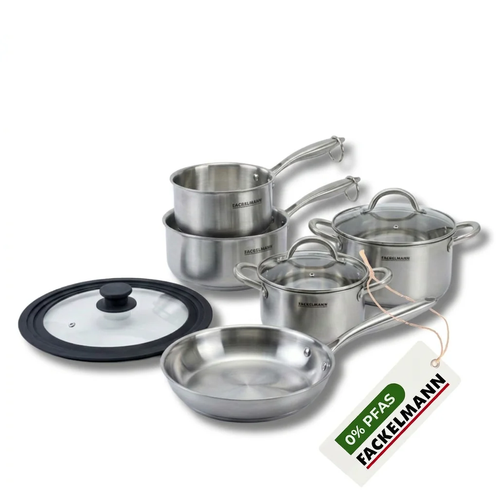 Batterie de cuisine avec 1 poêle 24 cm 3 casseroles 14/16/18 cm et 1 couvercle de cuisson universel sans PFAS Fackelmann Vita3