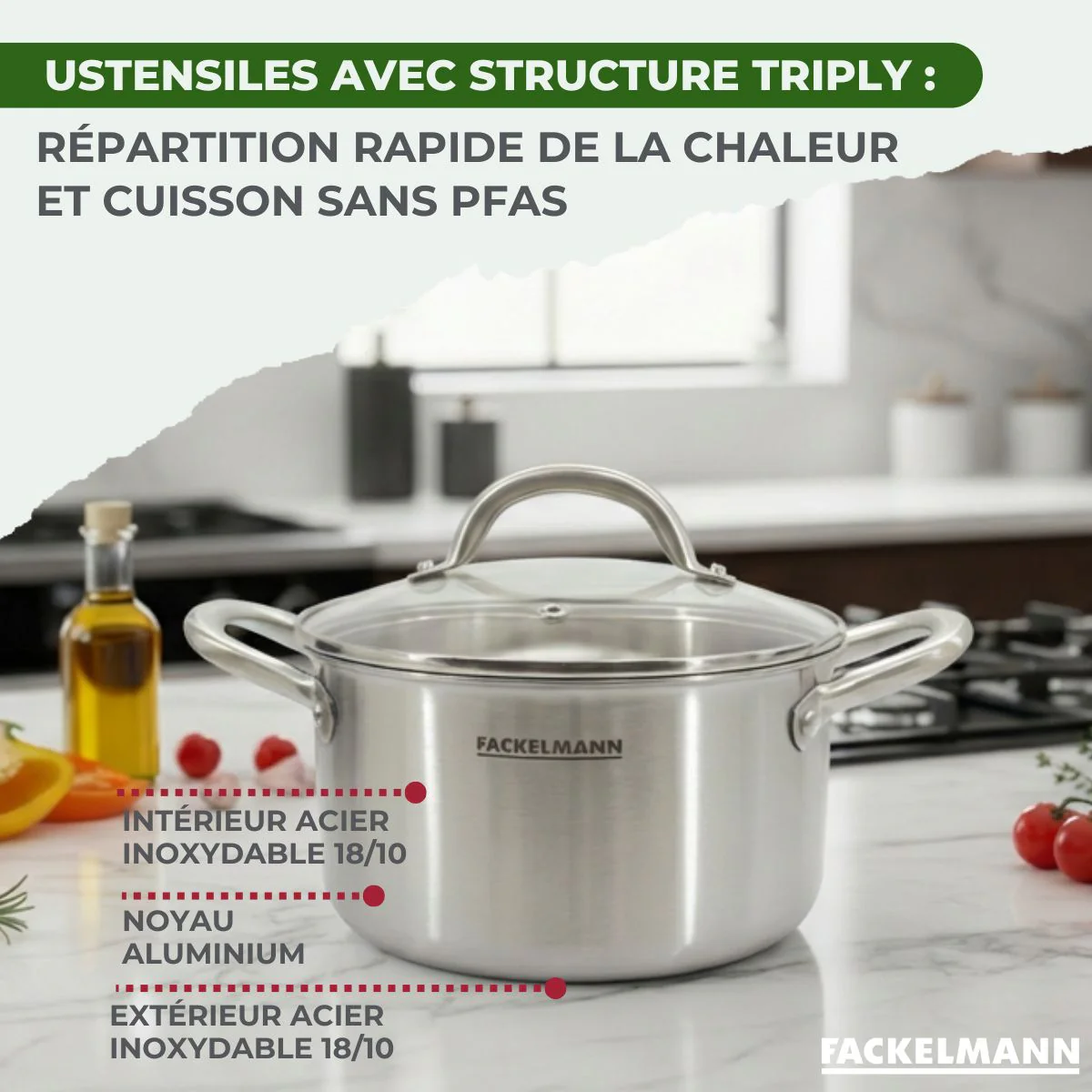 Batterie de cuisine avec 1 poêle 24 cm 3 casseroles 14/16/18 cm et 1 couvercle de cuisson universel sans PFAS Fackelmann Vita3 - Image 5