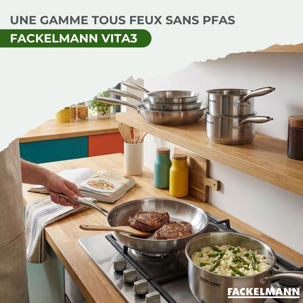 Batterie de cuisine avec 1 poêle 26 cm et 3 casseroles 14/16/18 cm avec 1 couvercle de cuisson universel sans PFAS Fackelmann Vita3 - Image 2